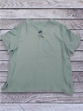 Vintage Graff Californiawear Green Short Sleeve Top with Floral Embroidery large